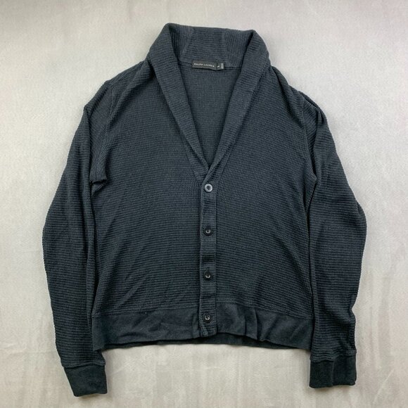 Ralph Lauren Black Label Mens Sweater Medium Black Waffle Shawl Cardigan Pima - Picture 1 of 10